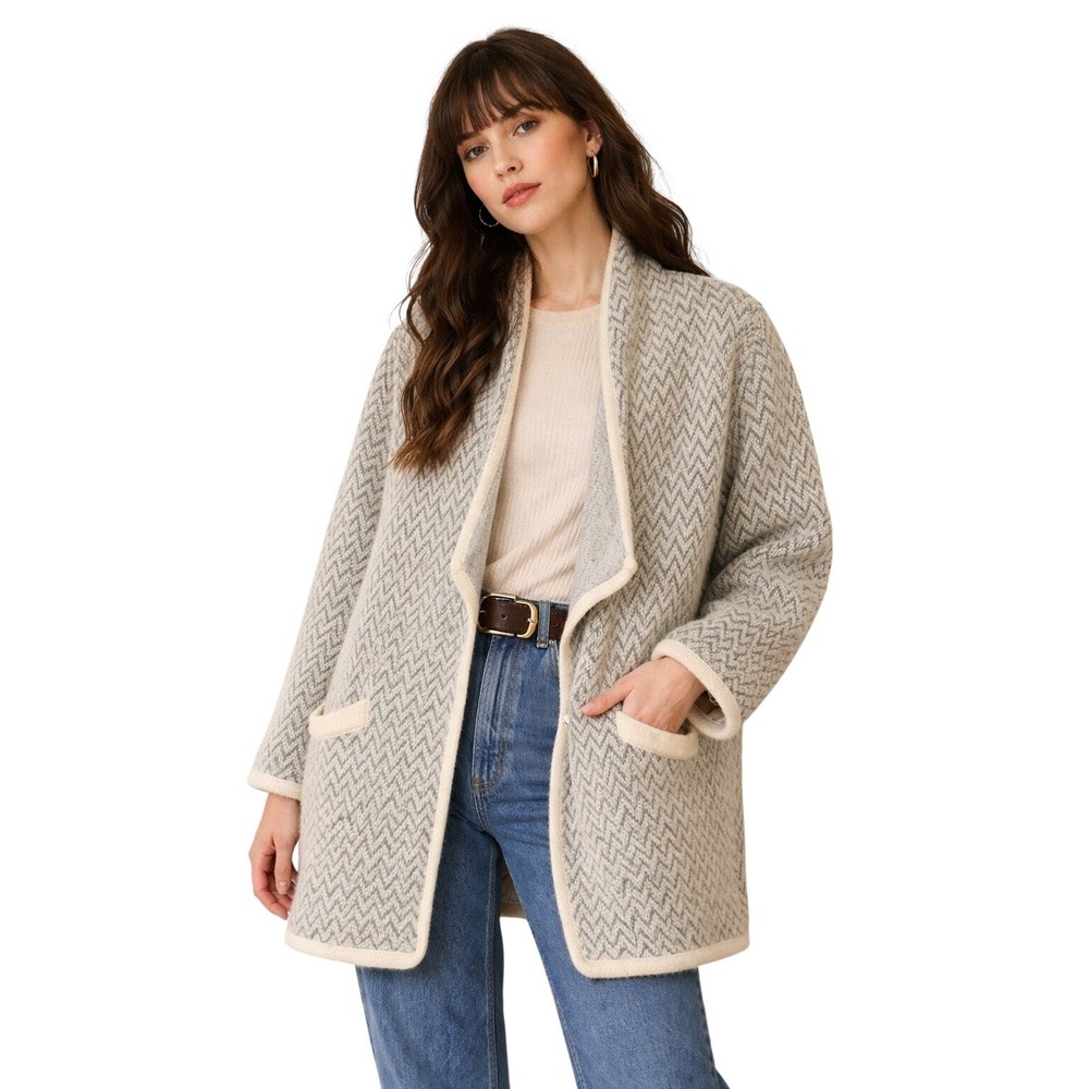 BONNIE LEE Vintage Mohair Wool Chevron‎ Knit Cardigan Coat Gray Cream